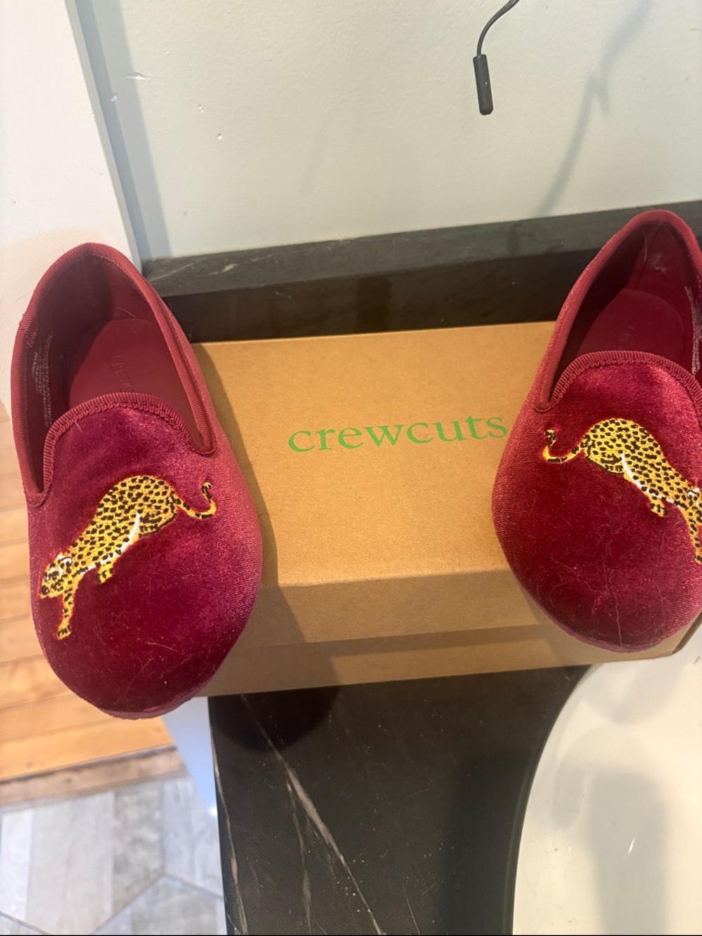 Crewcuts kids Burgundy Velvet Leopard Slip-Ons
